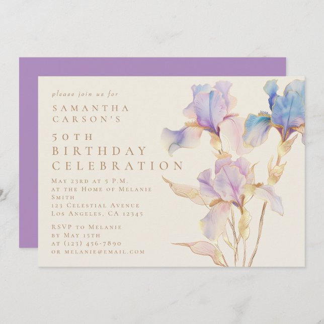 Invitación Elegante fiesta de cumpleaños de Iris Floral Water (Anverso / Reverso)
