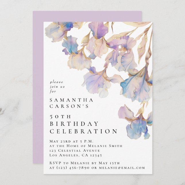Invitación Elegante fiesta de cumpleaños de Iris Floral Water (Anverso / Reverso)