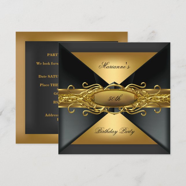 Invitación Elegante fiesta de cumpleaños de joyas de oro negr (Anverso / Reverso)