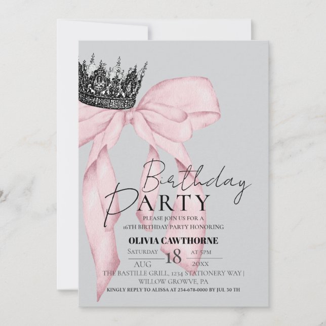 Invitación Elegante fiesta de cumpleaños de la Corona de Bow (Anverso)