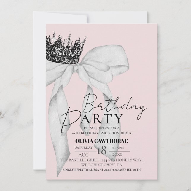 Invitación Elegante fiesta de cumpleaños de la Corona de Bow (Anverso)