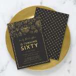 Invitación Elegante Fiesta de Cumpleaños de la Floral de Oro<br><div class="desc">Elegante invitación a la Fiesta de los Años 60 de la Floral con un Relieve metalizado de oro falso floral y bordeado con un fondo gris oscuro en la parte delantera. La invitación tiene un patrón falso de puntos de polka oro contra un fondo gris oscuro en la parte posterior....</div>