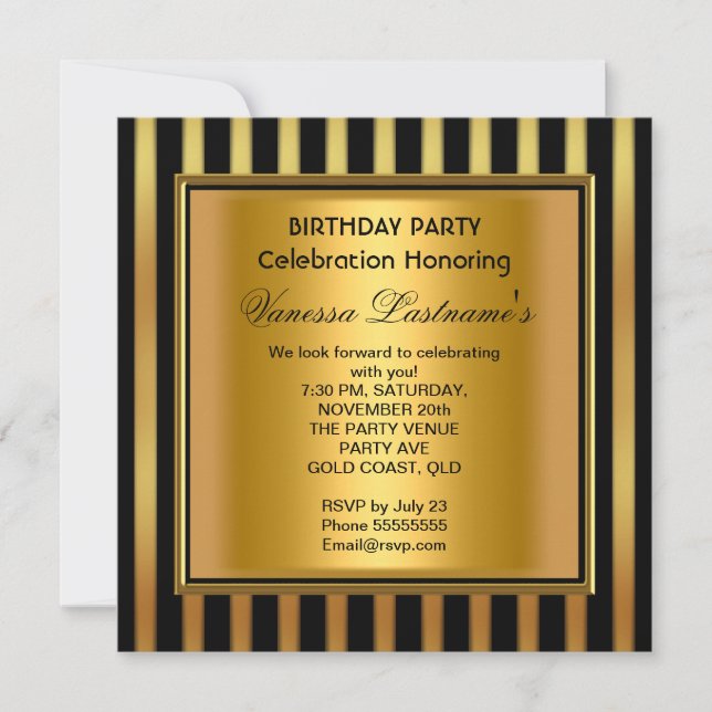 Invitación Elegante fiesta de cumpleaños de la franja de oro  (Anverso)