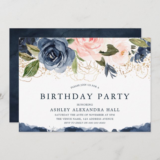 Invitación Elegante fiesta de cumpleaños de la Marina Floral  (Anverso / Reverso)