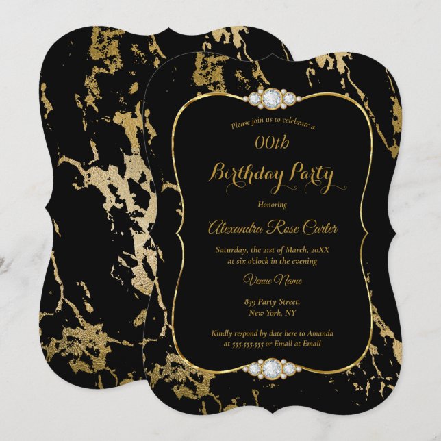 Invitación Elegante Fiesta de Cumpleaños de la Mármol de Oro  (Anverso / Reverso)