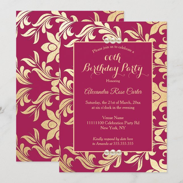 Invitación Elegante fiesta de cumpleaños de la perla de oro d (Anverso / Reverso)