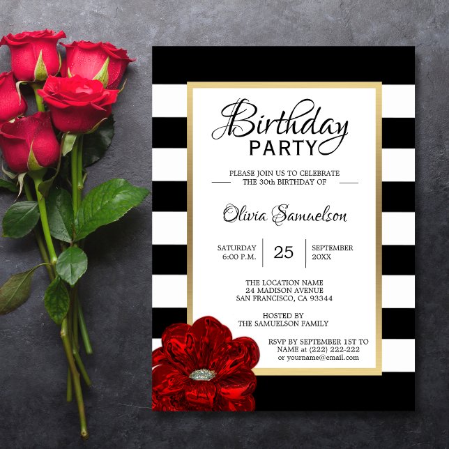 Invitación Elegante fiesta de cumpleaños de la Rosa Roja Blan (Subido por el creador)