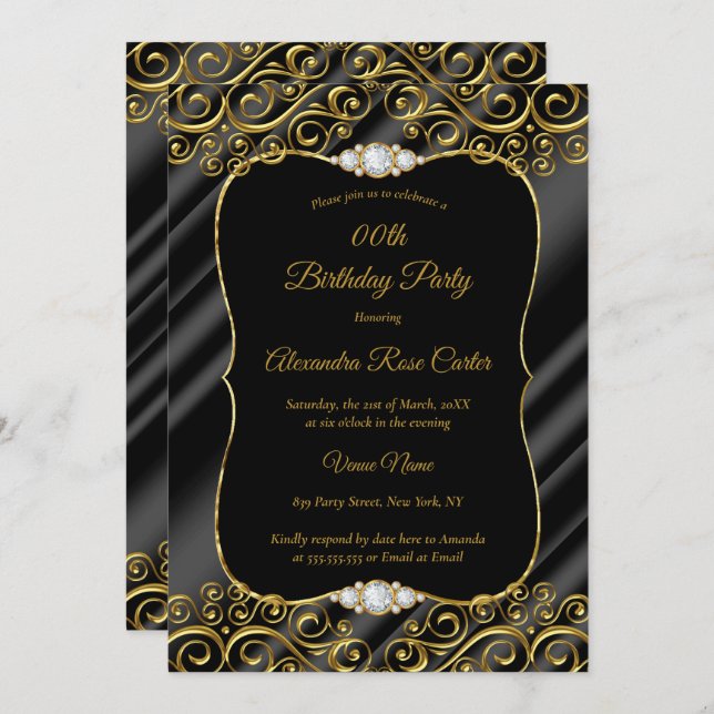 Invitación Elegante fiesta de cumpleaños de la seda dorada ne (Anverso / Reverso)