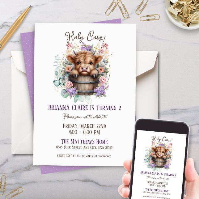 Invitación Elegante fiesta de cumpleaños de la vaca de la flo (Girly Elegant Floral Highland Cow Birthday Party Invitation for Little girls baby one two kids party)