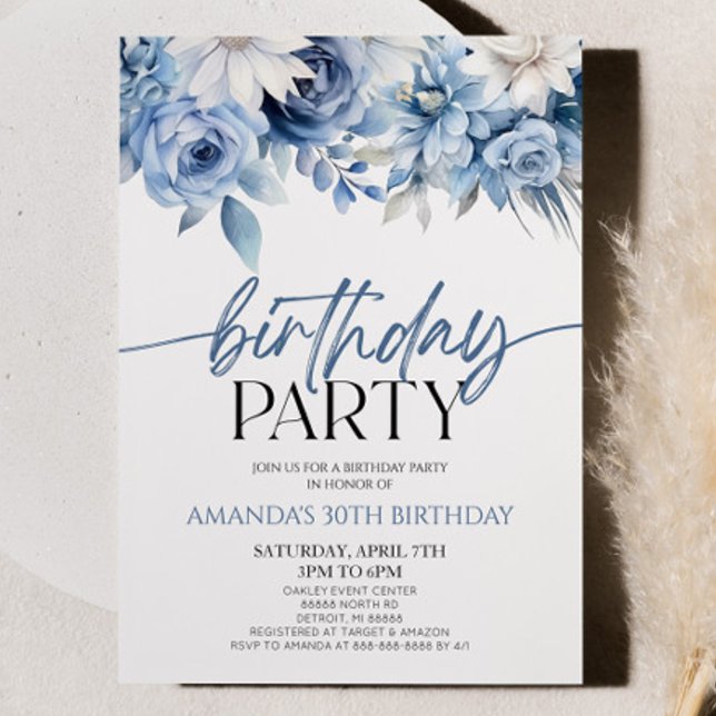 Invitación Elegante fiesta de cumpleaños de las flores azules (Subido por el creador)