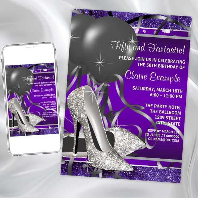 Invitación Elegante Fiesta de Cumpleaños de las Mujeres Morad (Purple silver shoe any event invitation. Instant download and printed invitations available.)