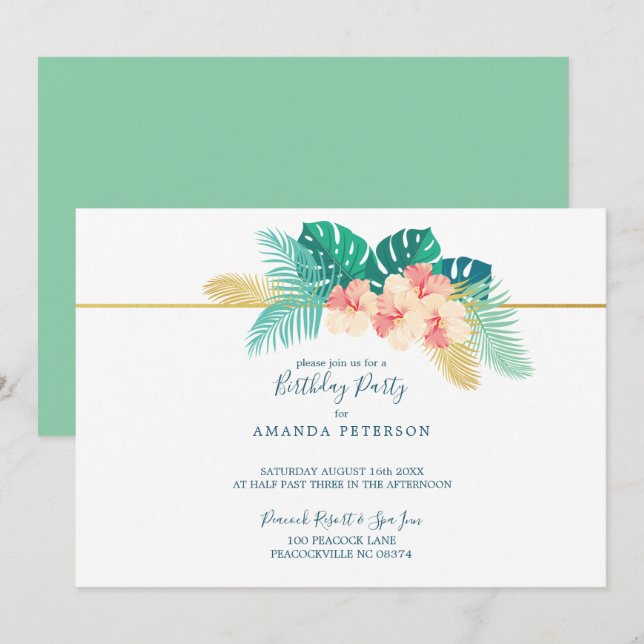 Invitación Elegante Fiesta de Cumpleaños de los Hibiscos de O (Anverso / Reverso)