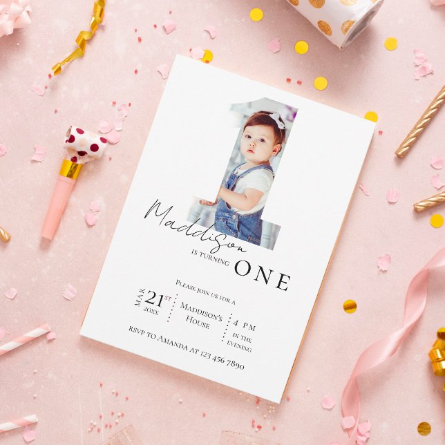 Invitación Elegante fiesta de cumpleaños de los niños de foto (Elegant Minimalist Photo Kids First Birthday Party Invitation)