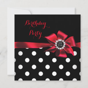 Invitación Elegante Fiesta de Cumpleaños de Lunares Rojos Neg