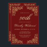 Invitación Elegante fiesta de cumpleaños de marco dorado de B<br><div class="desc">Esta elegante invitación a la fiesta de cumpleaños incluye un marco dorado vintage en cuatro esquinas. El número de cumpleaños editable y el nombre del invitado de honor aparecen en un guión dorado ornamentado, con el resto del texto del personalizable en letra de copperplate dorada sobre un fondo rojo borgoña....</div>