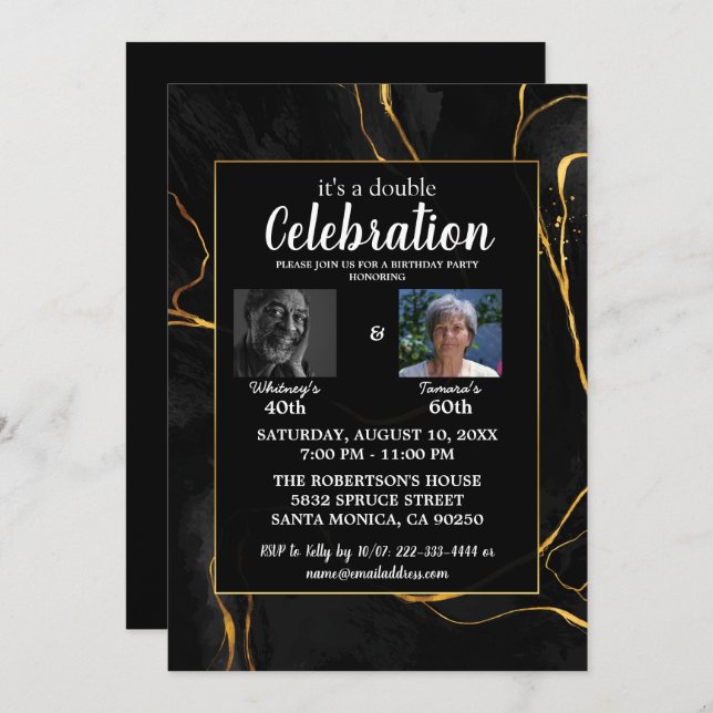 Invitación Elegante fiesta de cumpleaños de mármol negro y or (Anverso / Reverso)