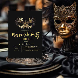 Invitación Elegante Fiesta de Cumpleaños de Mascarada Negra y