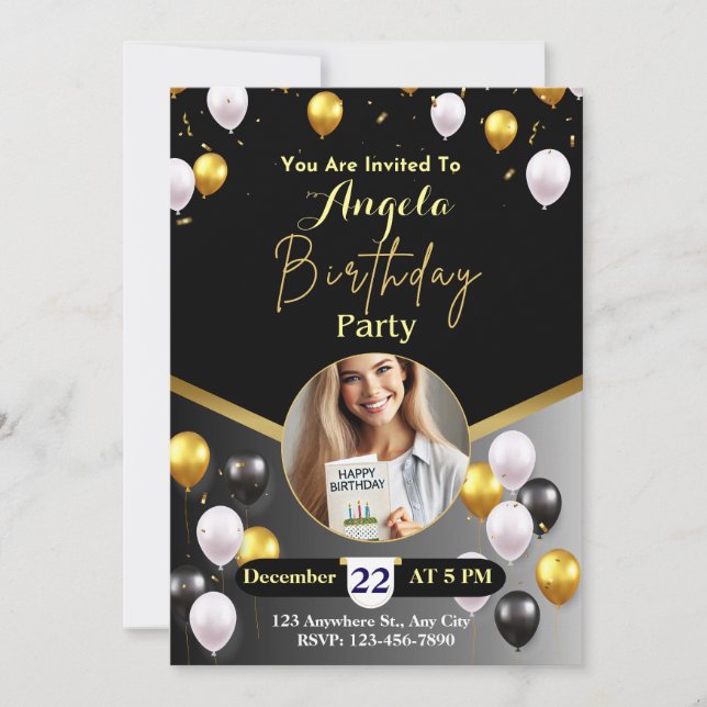 Invitación Elegante fiesta de cumpleaños de negro y oro (Anverso)