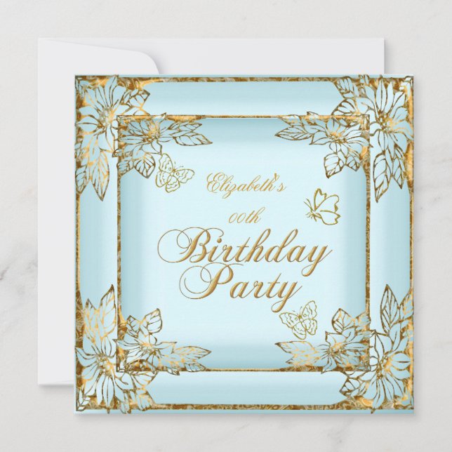 Invitación Elegante fiesta de cumpleaños de oro azul de Bonit (Anverso)