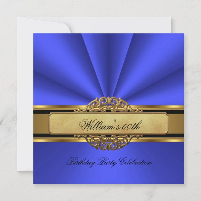 Invitación Elegante fiesta de cumpleaños de oro azul Mens Man (Anverso)