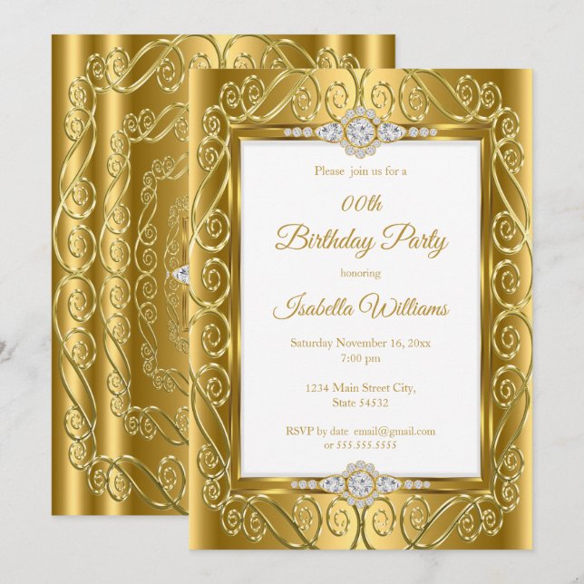 Invitación Elegante fiesta de cumpleaños de oro de Diamante (Anverso / Reverso)