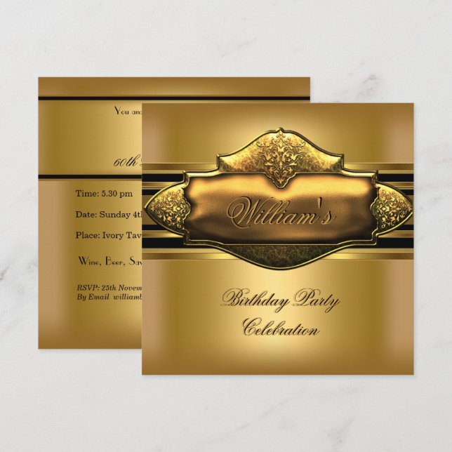 Invitación Elegante Fiesta de Cumpleaños de Oro Hombres 60 (Anverso / Reverso)
