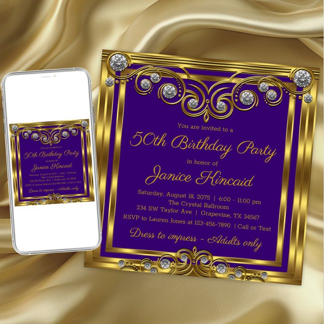 Invitación Elegante fiesta de cumpleaños de oro morado para m (Womans purple gold any number birthday invitation. Download and printed invitations available.)