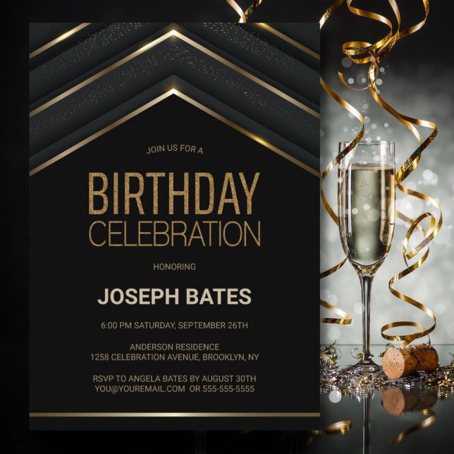 Invitación Elegante fiesta de cumpleaños de oro negro (Subido por el creador)