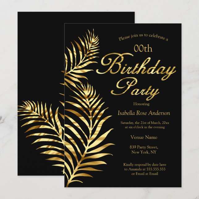 Invitación Elegante fiesta de cumpleaños de oro negro con pal (Anverso / Reverso)