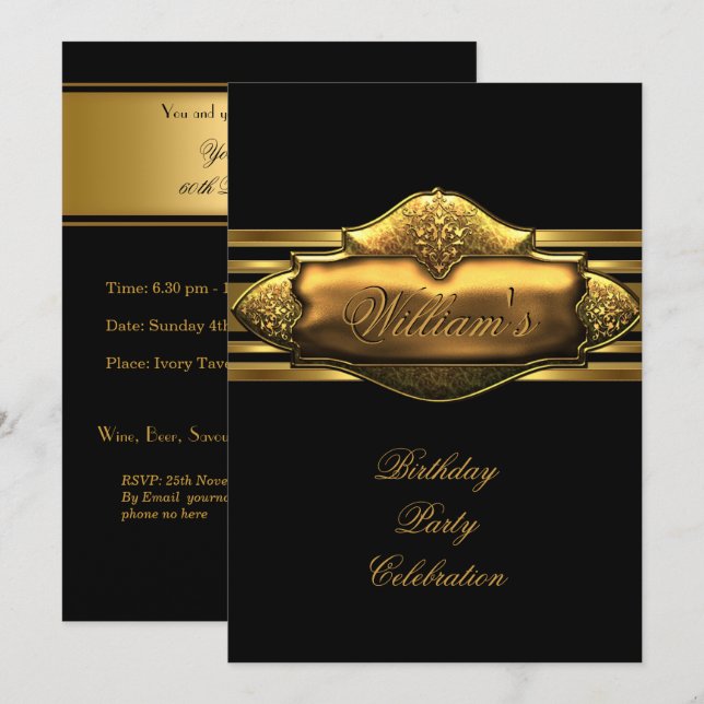 Invitación Elegante fiesta de cumpleaños de oro negro para lo (Anverso / Reverso)