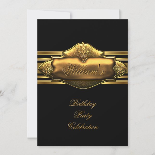 Invitación Elegante fiesta de cumpleaños de oro negro para lo (Anverso)