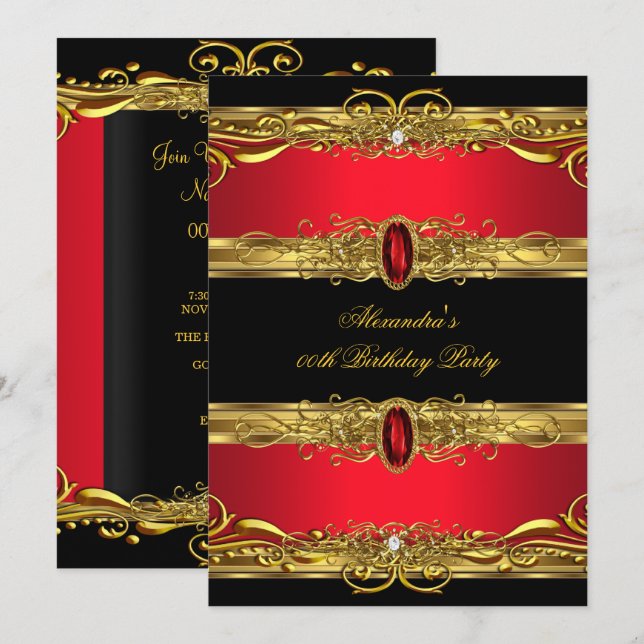Invitación Elegante fiesta de cumpleaños de oro negro rojo (Anverso / Reverso)