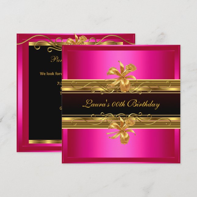 Invitación Elegante fiesta de cumpleaños de oro negro y rosad (Anverso / Reverso)