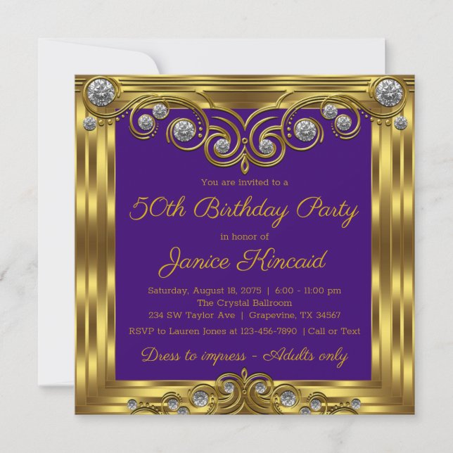 Invitación Elegante fiesta de cumpleaños de oro púrpura (Anverso)