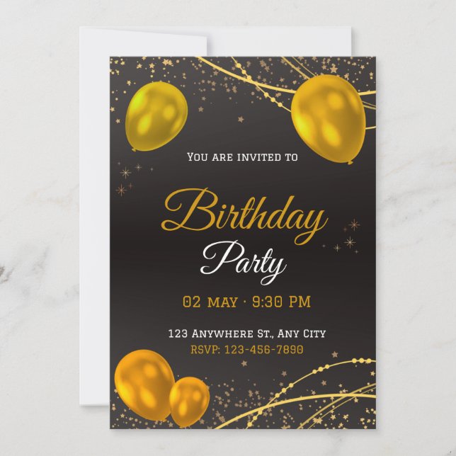 Invitación Elegante fiesta de cumpleaños de oro y negro (Anverso)