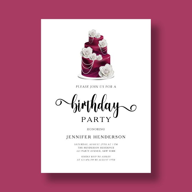 Invitación Elegante fiesta de cumpleaños de pasteles florales (Elegant Burgundy Floral Cake Birthday Party Invitation)