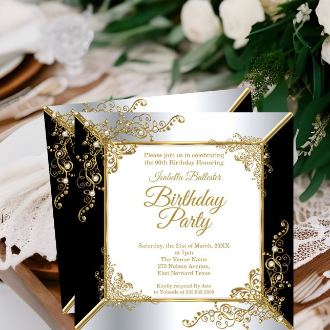 Invitación Elegante fiesta de cumpleaños de Pearl Black Gold  (Subido por el creador)