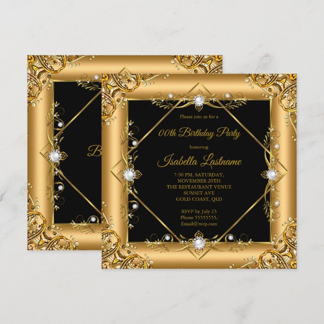 Invitación Elegante fiesta de cumpleaños de Pearl Black Gold (Anverso / Reverso)