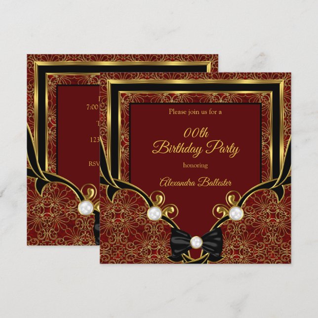 Invitación Elegante fiesta de cumpleaños de Pearl de Oro Rojo (Anverso / Reverso)