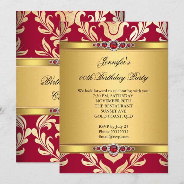 Invitación Elegante fiesta de cumpleaños de Pearl de Red Gold (Anverso / Reverso)