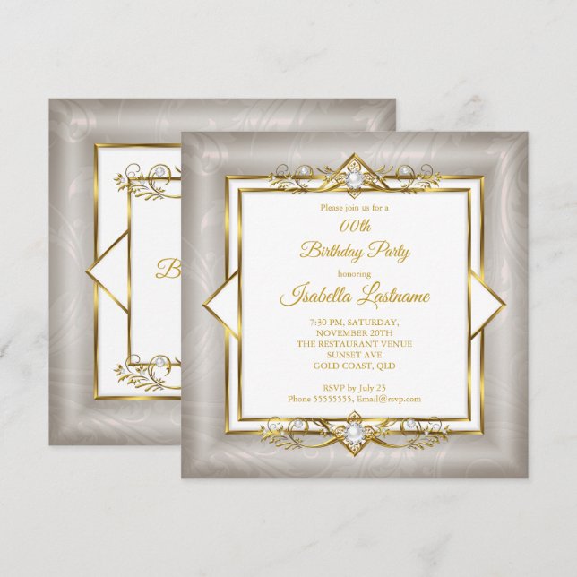 Invitación Elegante fiesta de cumpleaños de Pearl Gris Blanco (Anverso / Reverso)