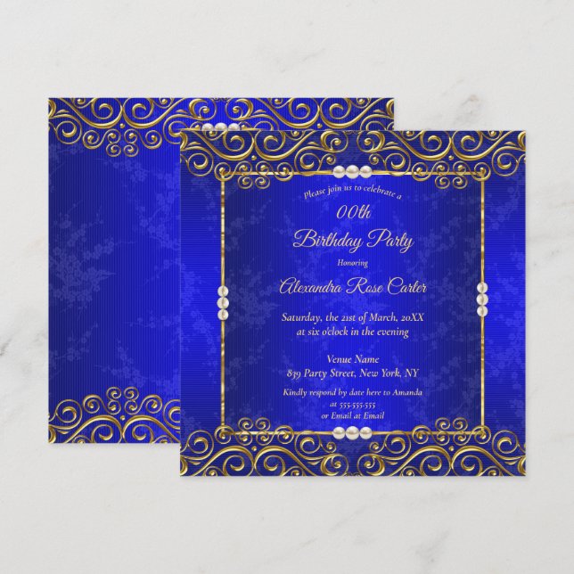 Invitación Elegante fiesta de cumpleaños de Pearl Royal Blue  (Anverso / Reverso)