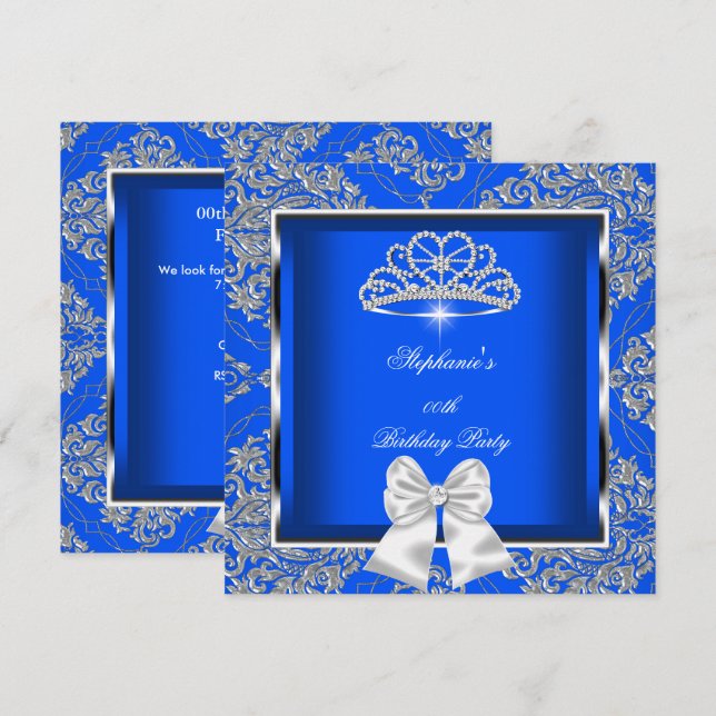 Invitación Elegante fiesta de cumpleaños de plata Royal Blue  (Anverso / Reverso)
