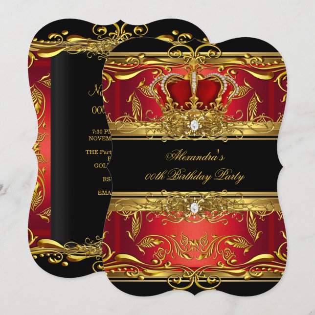Invitación Elegante fiesta de cumpleaños de Reina de Oro Rojo (Anverso / Reverso)