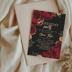 Invitación Elegante Fiesta de Cumpleaños de Rosa Negra Roja