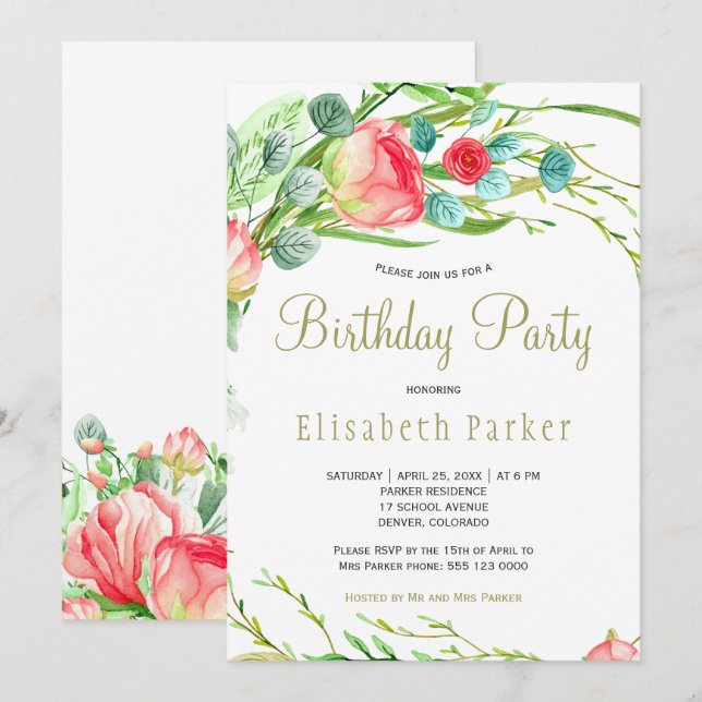 Invitación Elegante fiesta de cumpleaños de rosas del jardín  (Anverso / Reverso)