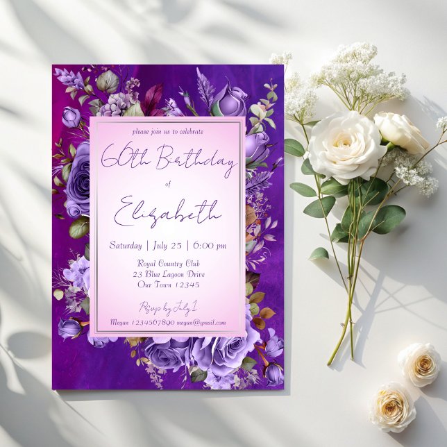 Invitación Elegante fiesta de cumpleaños de rosas morados (Elegant purple lilac roses adults birthday party invitation cards template floral party invitations)