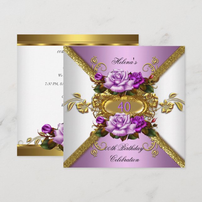 Invitación Elegante Fiesta de Cumpleaños de Rosas Purple Gold (Anverso / Reverso)