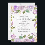 Invitación Elegante fiesta de cumpleaños de sorpresa con flor<br><div class="desc">Invitación a la fiesta de cumpleaños con flores moradas con un borde de flores pintadas de color agua en tonos pastel violeta,  lavanda,  lila y marfil. En el ejemplo se muestra la plantilla editada para un 21º cumpleaños,  pero puede cambiarse a cualquier año.</div>