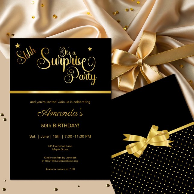 Invitación Elegante fiesta de cumpleaños de sorpresa en negro (Subido por el creador)